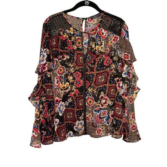 Limited Floral Boho Ruffle Sleeve Sheer Blouse Black & Multicolor Women's Large - Picture 2 of 12